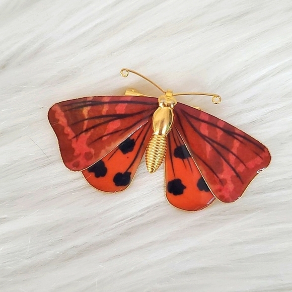 Vintage Dainty Orange Red Gold Tone Butterfly Unsigned Brooch Pin Jewelry - Picture 3 of 12
